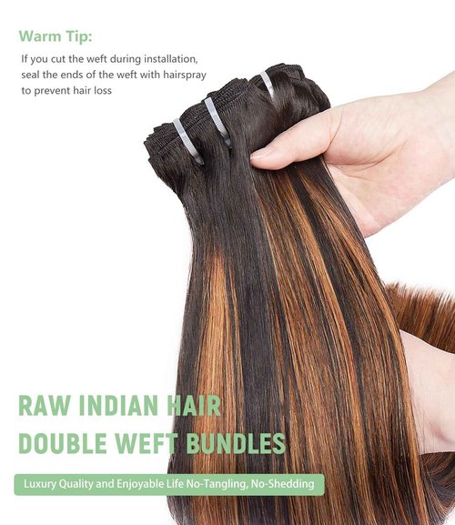 mlip Raw Bundles Human Hair Straight, No Tangle Shedding, Keep Texture Silky Soft After Multiple Washes, 15A Raw Indian Hair Bundles 14 Inches, Brown Highlight Bundles
