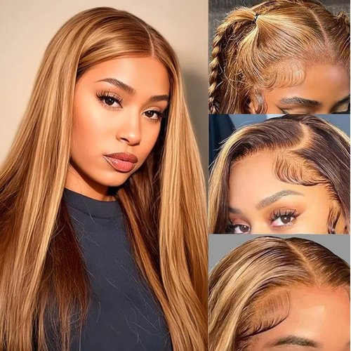 Kineko Honey Blonde Wig Human Hair 13x4 Straight Lace Front Wigs Human Hair Ombre Highlight Honey Blonde HD Lace Front Wig Human Full Frontal Glueless Wigs Human Hair Pre Plucked P427 Colored 20Inch
