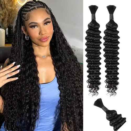Bohemian Hair for Braiding Human Hair Bundles for Deep Wave Braiding Hair No Weft 1 pack 100g Human Hair Bulk for Braiding Hair Curly Boho Human Hair Natural Black（Deep Wave Human Hair 20inch）