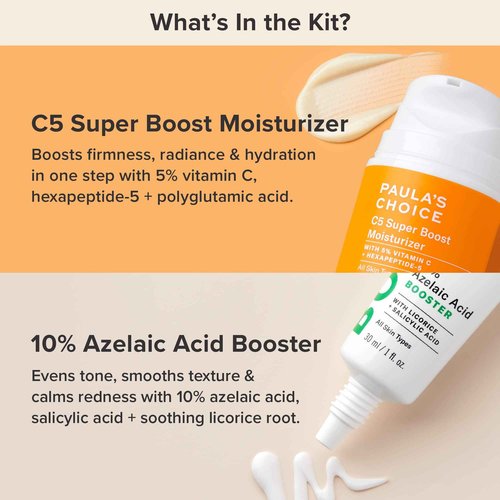 Paula's Choice 10% Azelaic Acid Booster + C5 Super Boost 5% Vitamin C Moisturizer, for Post-Acne Discoloration & Appearance of Redness, Fragrance-Free, Set of 2