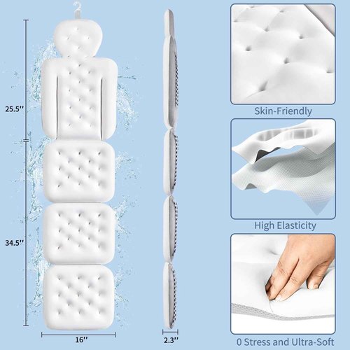 Luxury Bath Cushion, Full Body Bathtub Pillow with 160 Suction Cups, Bath Mat for Head and Neck Support, with Laundry Bag (White, 60.2" x 16.2")
