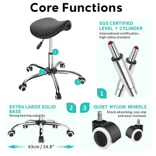 Eueiykw Professional Saddle Stool with Wheels Rolling Saddle Stool with Extra-Wide Base Heavy-Duty Stable Stool Adjustable Height Ergonomic Chair for Office, Workshop, Salon & Clinic