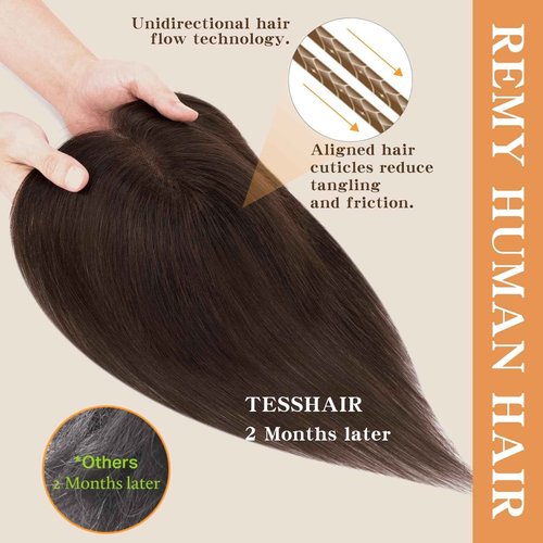 TESSHAIR Human Hair topper for Women, 3D Cover Clip in Bangs, Hair Toppers with Side Bangs,11 inch, #2 Dark Brown