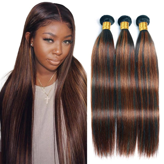 Niciitysi Ombre P1B30 Straight Bundles Human Hair 26 28 30 inch Double Weft Brazilian Hair Extensions Highlight Two Tone Black Mixed With Brown Bundles for Women
