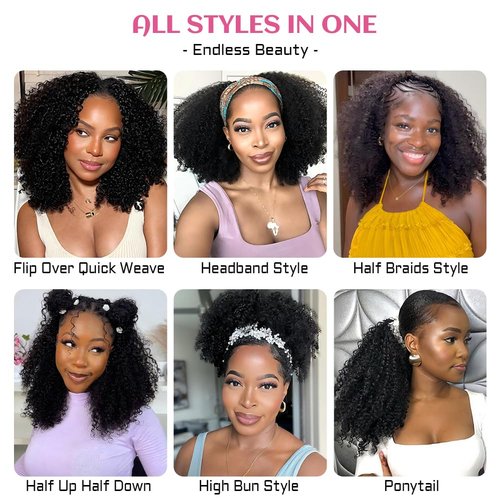 GYRJC Half Wig Human Hair Glueless Wigs Upgrade 3 In 1 Half Wig with Drawstring Seamless Clip Ins Flip Over Wig 200 Density Curly Human Hair Wig for Women Headband Wig 16 Inch