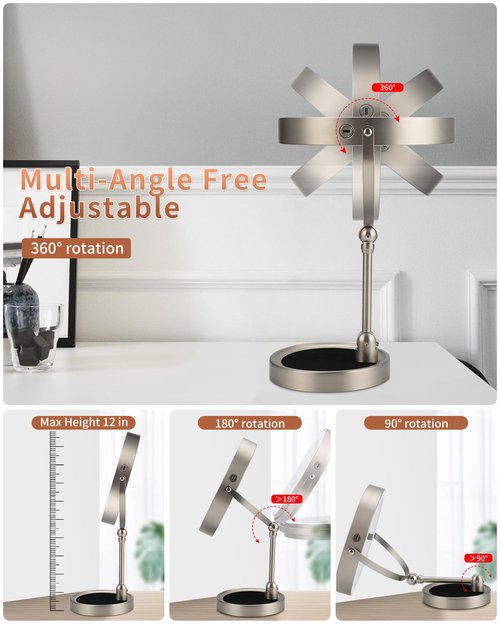 9" Lighted Makeup Mirror,1X/10X Magnifying Vanity Mirror with Height & Brightness Adjustable,Rechargable Makeup Mirror,360°Rotation Double Sided Standing Desk Mirror (Satin Nickel)