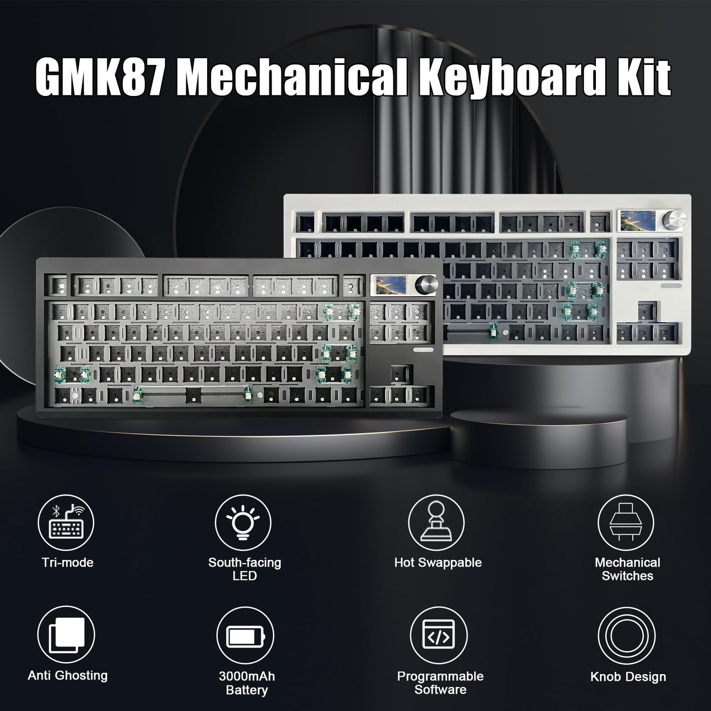 ZMX GMK87 Keyboard Barebones Kit,Gasket Mount Hot Swap PCB Triple Mode BT5.0/2.4G/Type-C Wireless Mechanical Keyboard with Knob VIA-Programmable Custom TFT-Screen RGB Gaming DIY Kit (White)