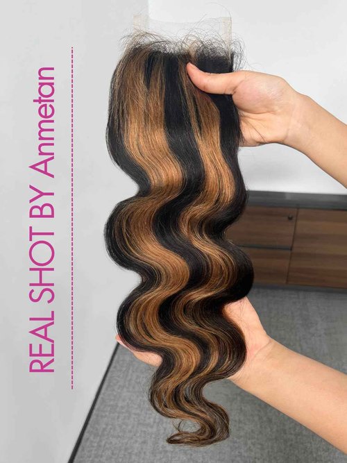 Anmetan Highlight Honey Blonde FB30 Body Wave Human Hair Bundles with 4x4 Lace Closure, Black and Brown Highlight 3 Bundles with HD Transparent Lace Soft 12A Remy Hair Balayage Colored 12 14 16 +12 In