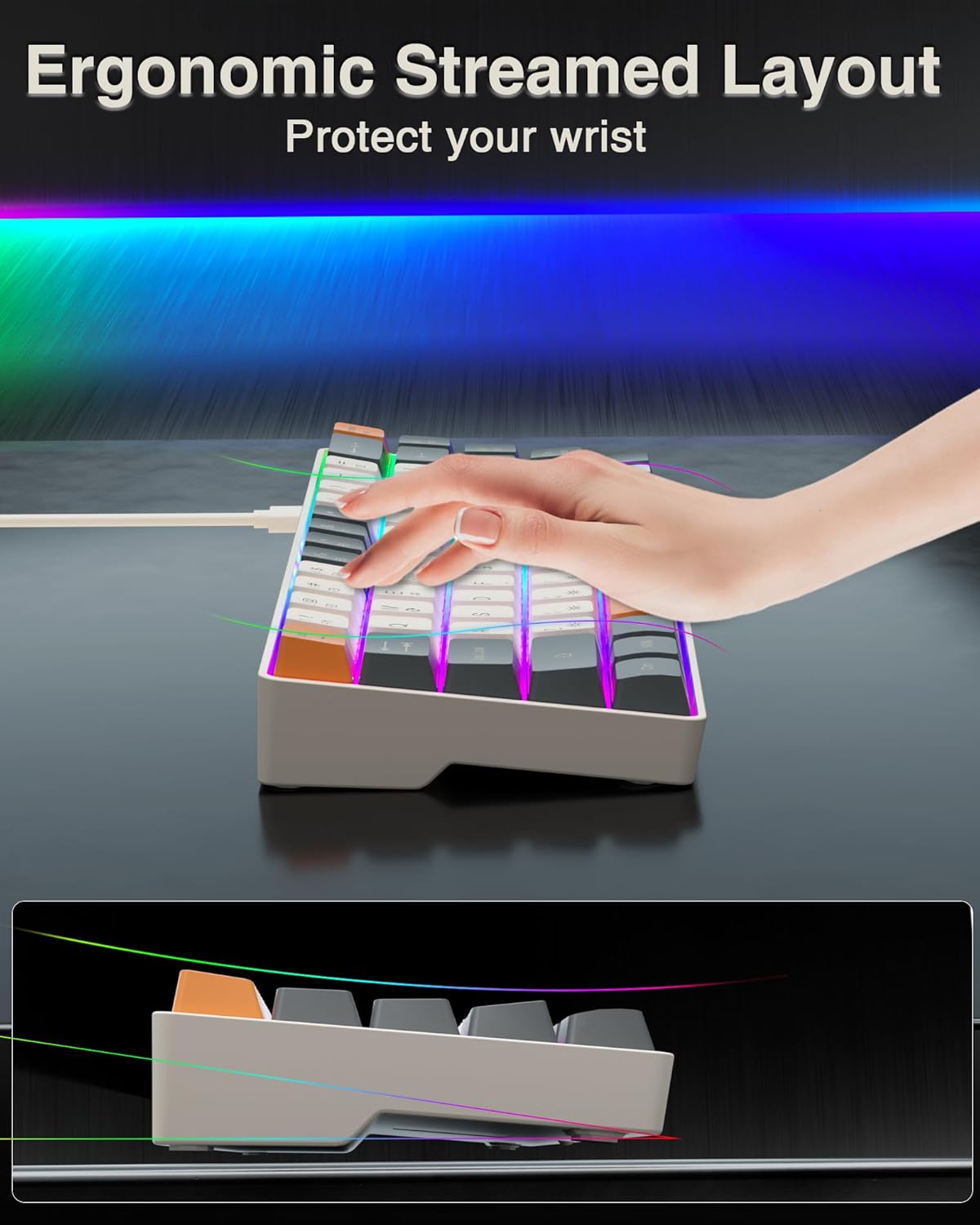 60% Gaming Keyboard,Small Keyboard USB-C Wired,Compact Mini Teclado Gamer,68 Keys RGB Backlit Portable Membrane Keyboards for Business Trips,Office,PC Games (SK968,White)