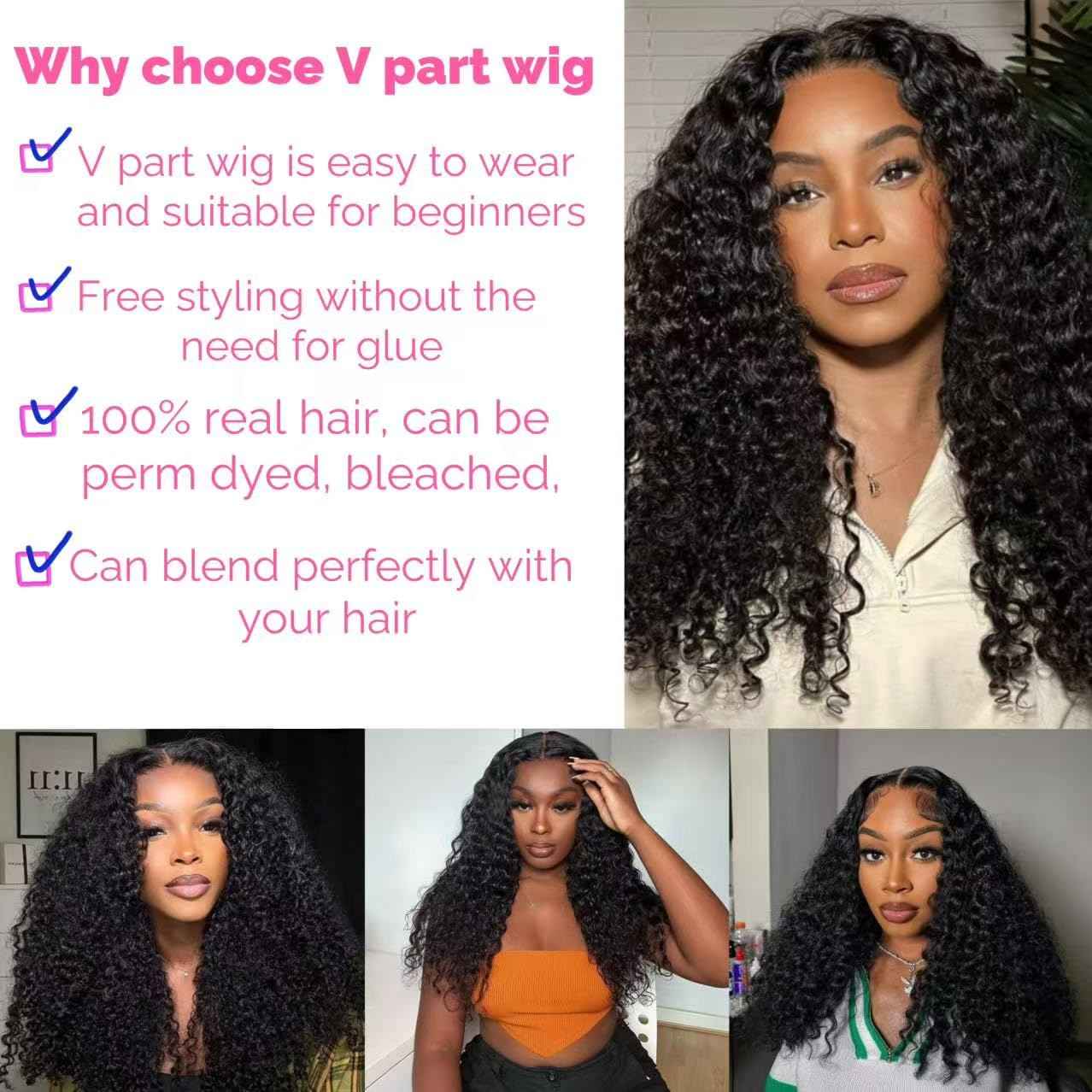 GKOKG V Part wig Human Hair Curly Upgrade U Part Wig For Black woman 100% Human Hair V Shape Cury Glueless Clip In Half Wig Natural Color No Leave Out 180% Density 22inch