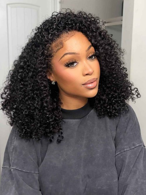 ORIGINAL QUEEN Kinky Curly Half Wig Human Hair Wear And Go Glueless Wigs Curly 3 In 1 Half Wigs for Women Drawstring Seamless Flip Over Glueless Wigs Beginner Friendly 16 Inch