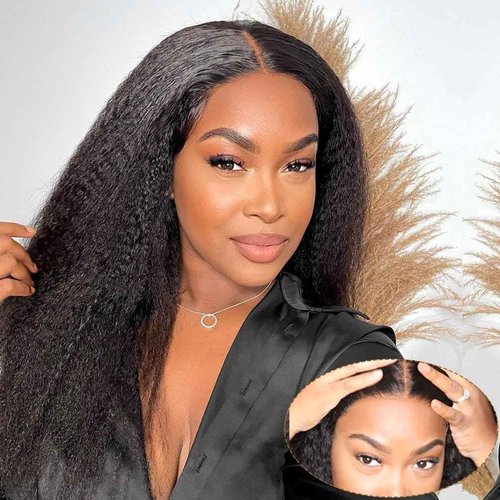 Domiso Wear and Go Glueless Wig Pre Plucked Pre Cut 7x5 Lace Wig Kinky Straight Lace Front Wigs Human Hair for Women Brazilian Beginners Wig Natural Hairline Breathable Cap 200% Density 18 Inch