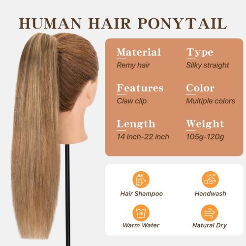 TESSHAIR Claw Clip In Ponytail Extension, 100% Human Hair Ponytail Extension, No Tangle & Smooth, 105g, 14 Inch #Medium Brown & Dark Blonde