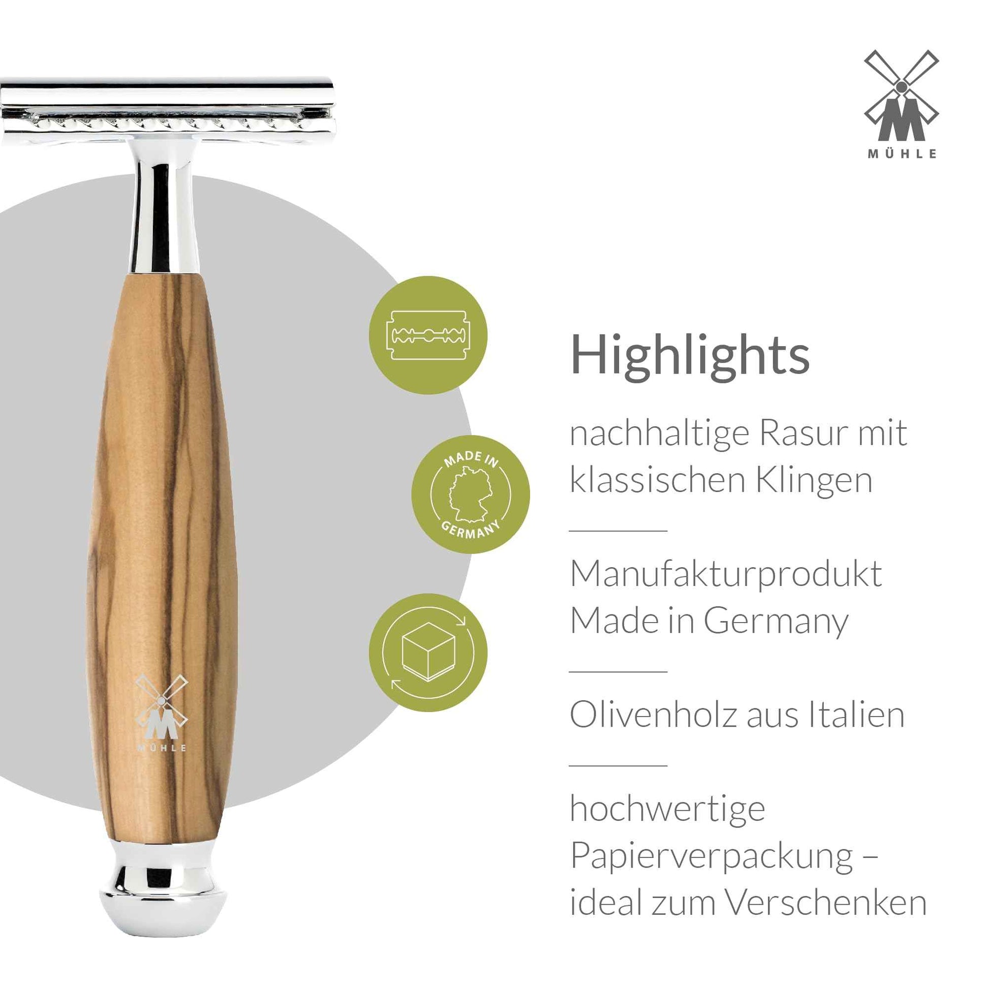 MÜHLE VIVO Olive Wood Closed Comb Safety Razor - Clean Shaving, Modern Design