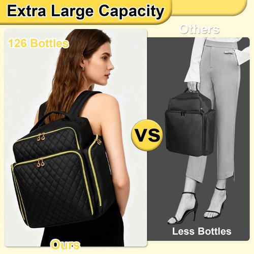 ahzske Nail Polish Organizer Backpack Holds 126 Bottles& Nail Lamp, Extra Large Nail Kit Supplies Organizer Bag with 3 Removable Cases, Portable Nail Organizers and Storage for Travel (Pure Black)