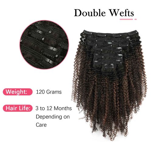 Sassina Afro Curly Clip ins Hair Extensions Two Tone Real Hair Extensions Clip in Human Hair Natural Black to Chocolate Brown Double Weft Clip in Hair Extensions 20 Inch 7 Pcs with 17 Clips 120 Grams…