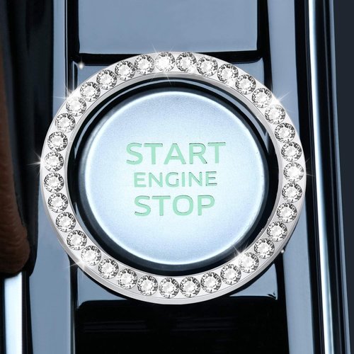 LivTee 2 PCS Crystal Rhinestone Car Engine Stop Decoration Ring, Bling Interior Accessories for Women, Push to Start Button Cover Sticker, Automotive Decals, White