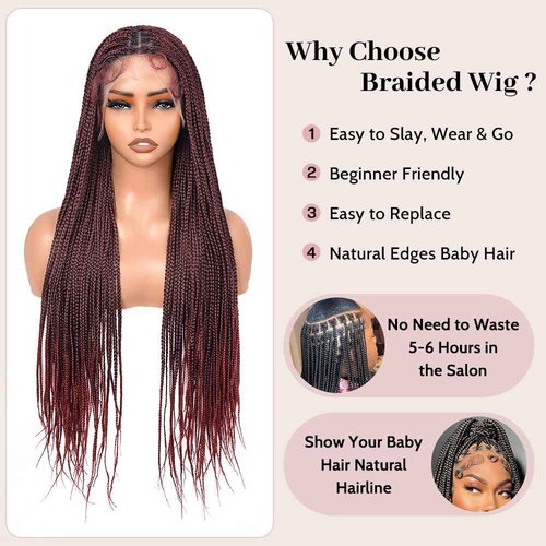 Suntefic Knotless Box Braided Wigs for Black Women Glueless Double Full Lace Front Human Hair Blended Lightweight Hand Braid Wig with Baby Hair (Ombre Burgundy, 30 Inch)