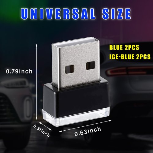 Augeny 4 PCS USB LED Car Interior Atmosphere Lamp, Plug-in USB Decor Night Light, Portable Auto Ambient Lighting Kit, Universal Vehicle Interior Accessories for Most Cars (Blue & Ice Blue)