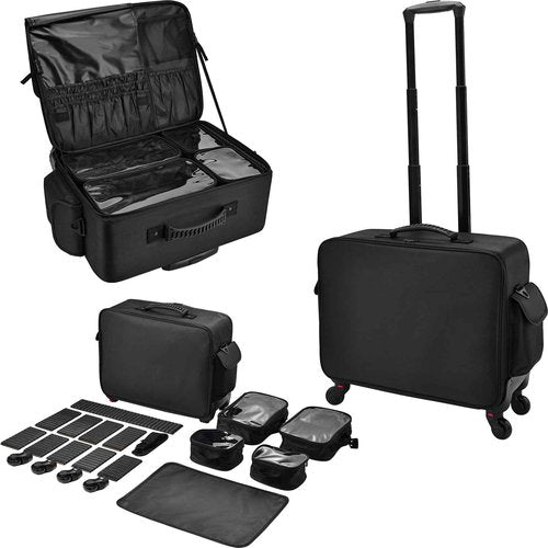 Rolling Makeup Case Cosmetology Case on Wheels Extra Large Cosmetic Artist Bag Portable TravelCase for Hairstylists Nail Tech Traveling Professional Make Up Train Suitcase Carts Trolley, Black