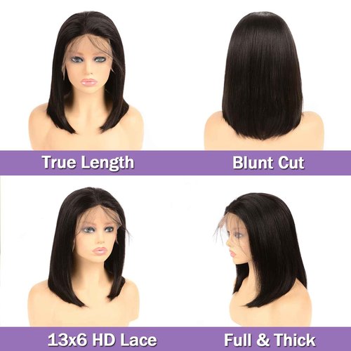 Bob Wig Human Hair 13x6 Frontal Lace Wig Short Straight HD Transparent Lace Front Bob Wigs for Black Women Human Hair Glueless Pre Plucked Hairline with Baby Hair 200% Density Natural Color 16 Inch