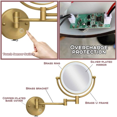 RECKODOR Brass Wall Mounted Makeup Mirror with Lights and Magnification, Rechargeable Lighted Magnifying Mirror Wall Mount with 1X and 5X, Brushed Antique Brass Bathroom Arts Ware