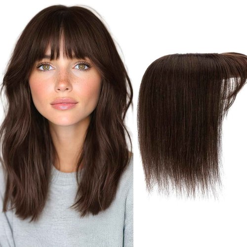 Charites Hair Toppers for Women Real Human Hair 10 Inch Long Straight Toppers for Women with Thinning 7 * 13CM Silk Base Clip in Hairpieces with Bangs (Dark Brown)
