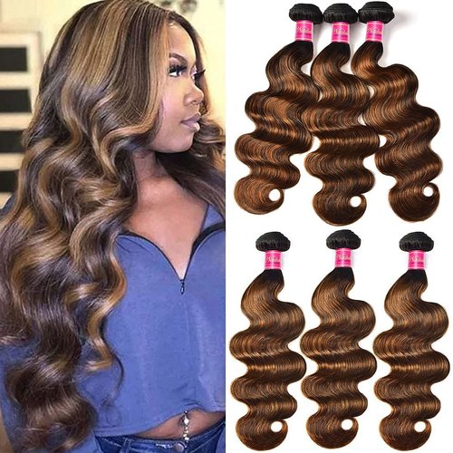 Nadula 12A Highlight Brown Ombre Body Wave Human Hair Weave 1 Bundle 20inch,Balayage Colored Brazilian 100% Remy Human Hair Wavy Bundles Extensions Blonde #FB30 Color