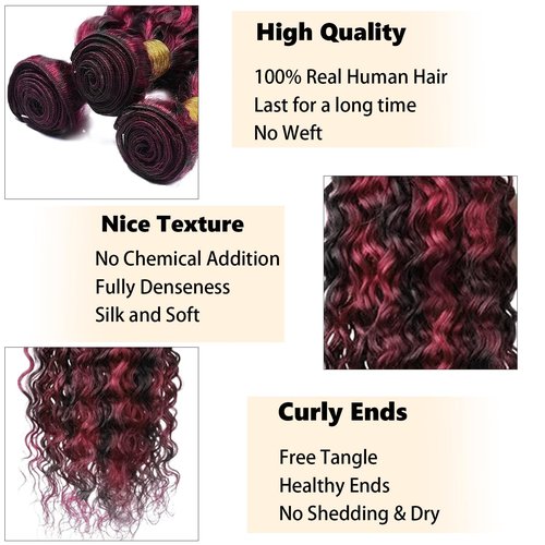 Fabimiya 18 20 22 inch Burgundy P1B/99J Deep Wave Human Hair Bundles Wine Red Human Hair Bundles Unprocessed Burgundy Soft Sewn In Hair with Double Weft for Black Women