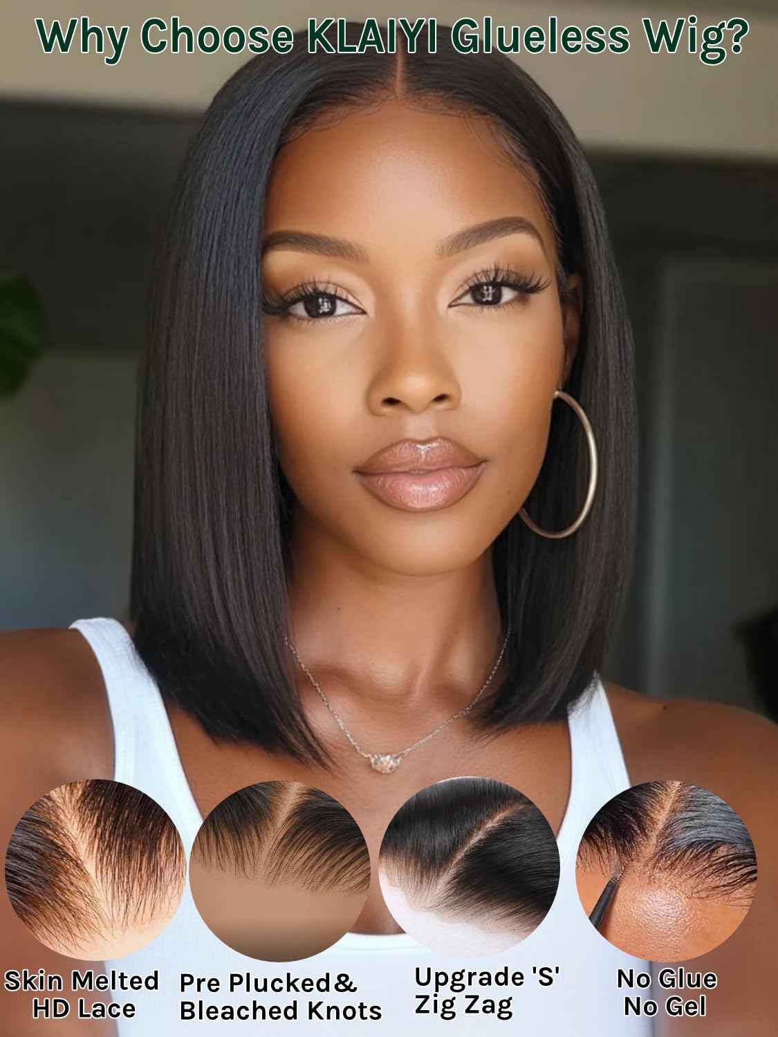 KLAIYI Bob Wig Human Hair Bye Bye Knots Glueless Wear and Go Wig with Drawstring Pre Cut 7x5 Lace Front Pre Plucked Bleached Short Straight Put on Go Beginner Wigs 3S Ready to Go Pre Everything 10Inch