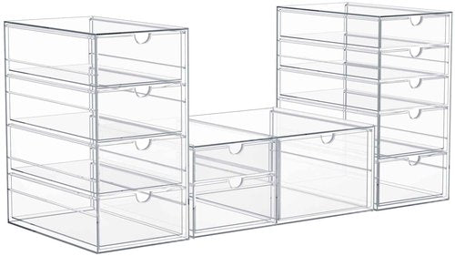 Sorbus Makeup Organizer With 12 Drawers, Acrylic Drawer Organizer for Makeup, Office Organization and Storage, Art Supplies, Jewelry, Stationary - 3 Pcs Clear Stackable Storage Bins Organizer Drawers