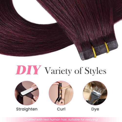 Aison Wine Red Tape in Hair Extensions Human Hair 100% Remy Extensions Silky Straight for Women 20 Pcs/Package(22Inch #99j 60g)
