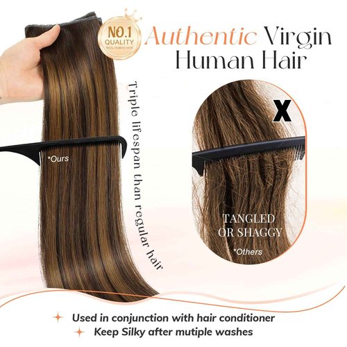 OVO Double PU Weft Hair Extensions Human Hair Ombre Brown Highlight Seamless Invisible Weft,Beaded Flat Hair Extensions, Soft & Natural Real Human Hair Extensions
