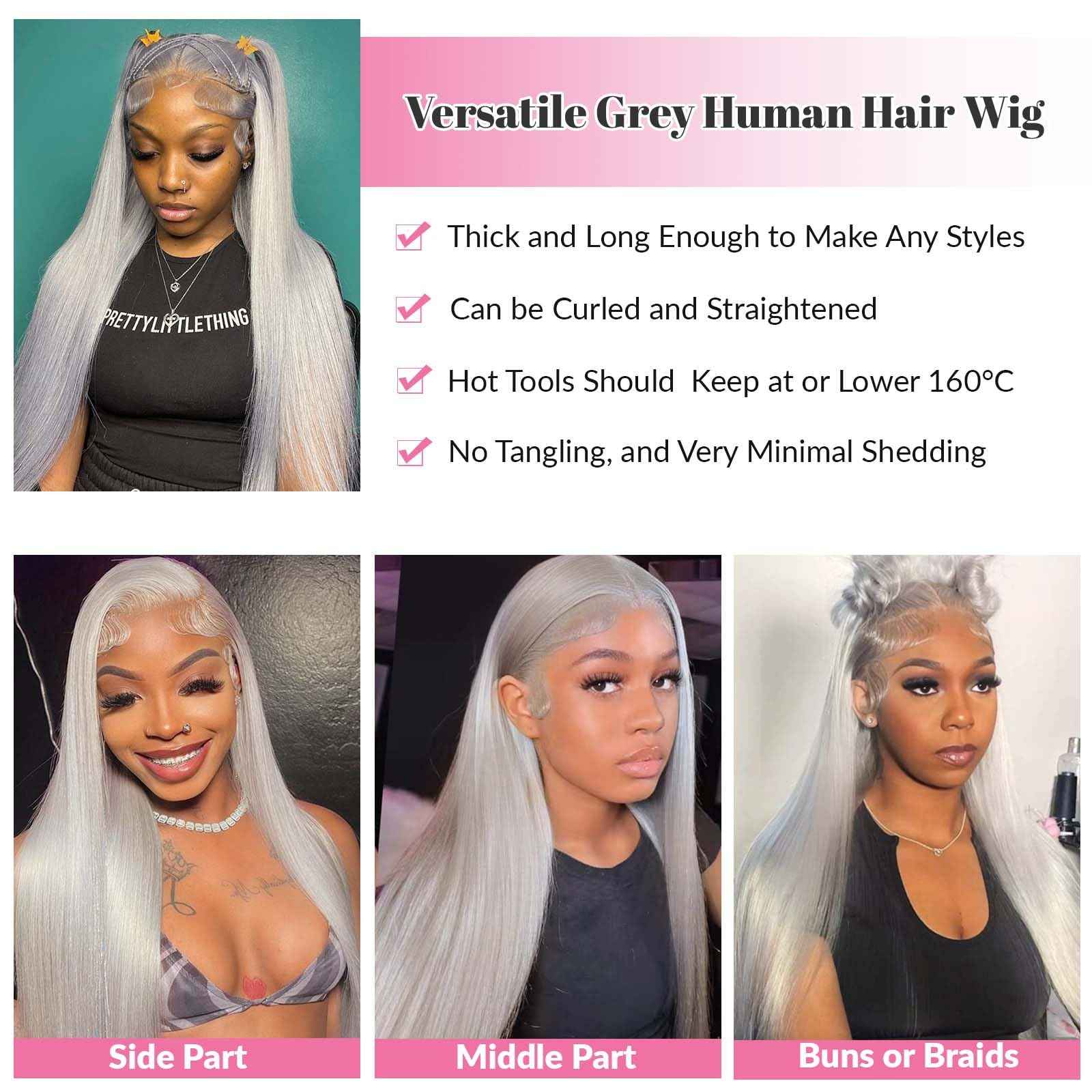 22 Inch Grey 13x4 Lace Front Wig Human Hair HD Transparent Silver Lace Front Human Hair Wigs for Black Women 180% Density Thick Silver Grey Wig Human Hair Free Part Glueless Frontal Wigs Pre Plucked