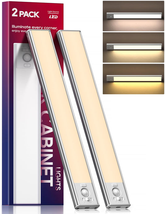 2 Pack Under Cabinet Lighting, 3 Color Temperatures Motion Sensor Light Indoor, LED Rechargeable Cabinet Lights, Stick-On Magnetic Closet Light, Wireless Under Counter Lights for Kitchen, Stair