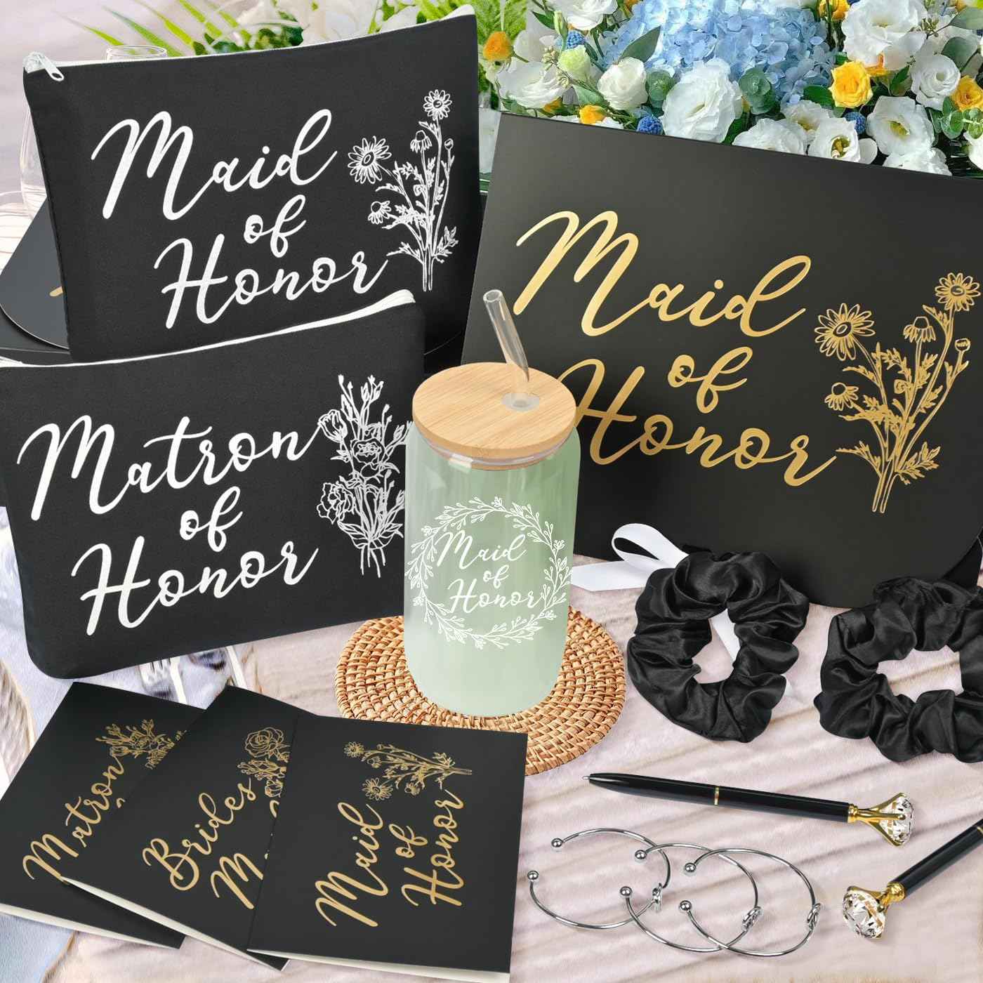 42Pack Bridesmaid Proposal Gifts,Maid of Honor Gifts Matron of Honor Gifts Including Bridesmaid Boxes,16oz Cups Makeup Bag Bracelets Diamond Pen Invitation Cards Scrunchies for Wedding (Black)