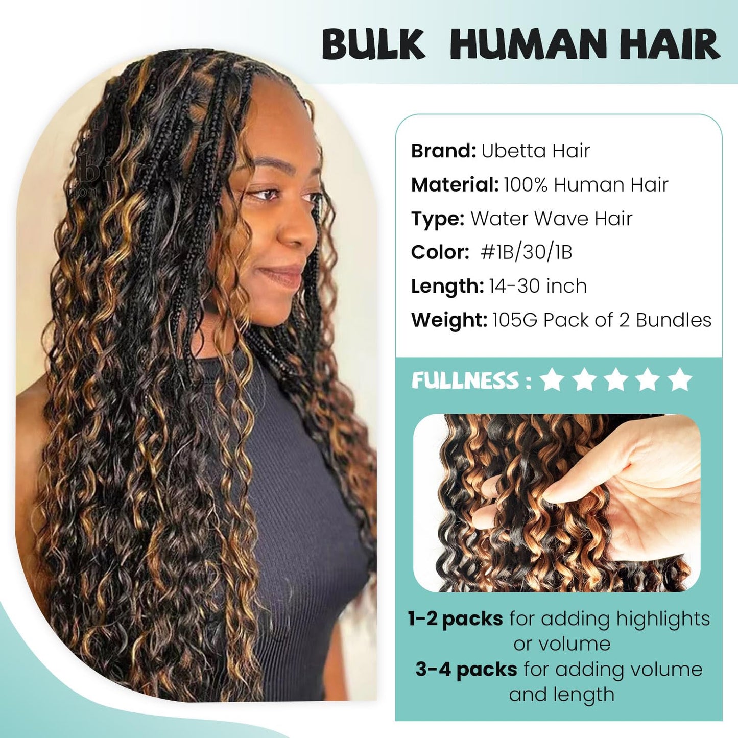 Highlights Braiding Human Hair for Boho Braids,100G Human Hair 2 Bundles Deep Water Wave Curly Bulk Boho Hair for Braiding, 30 Inch No Weft 12A Braiding Hair for Boho Braids Human Braiding Hair