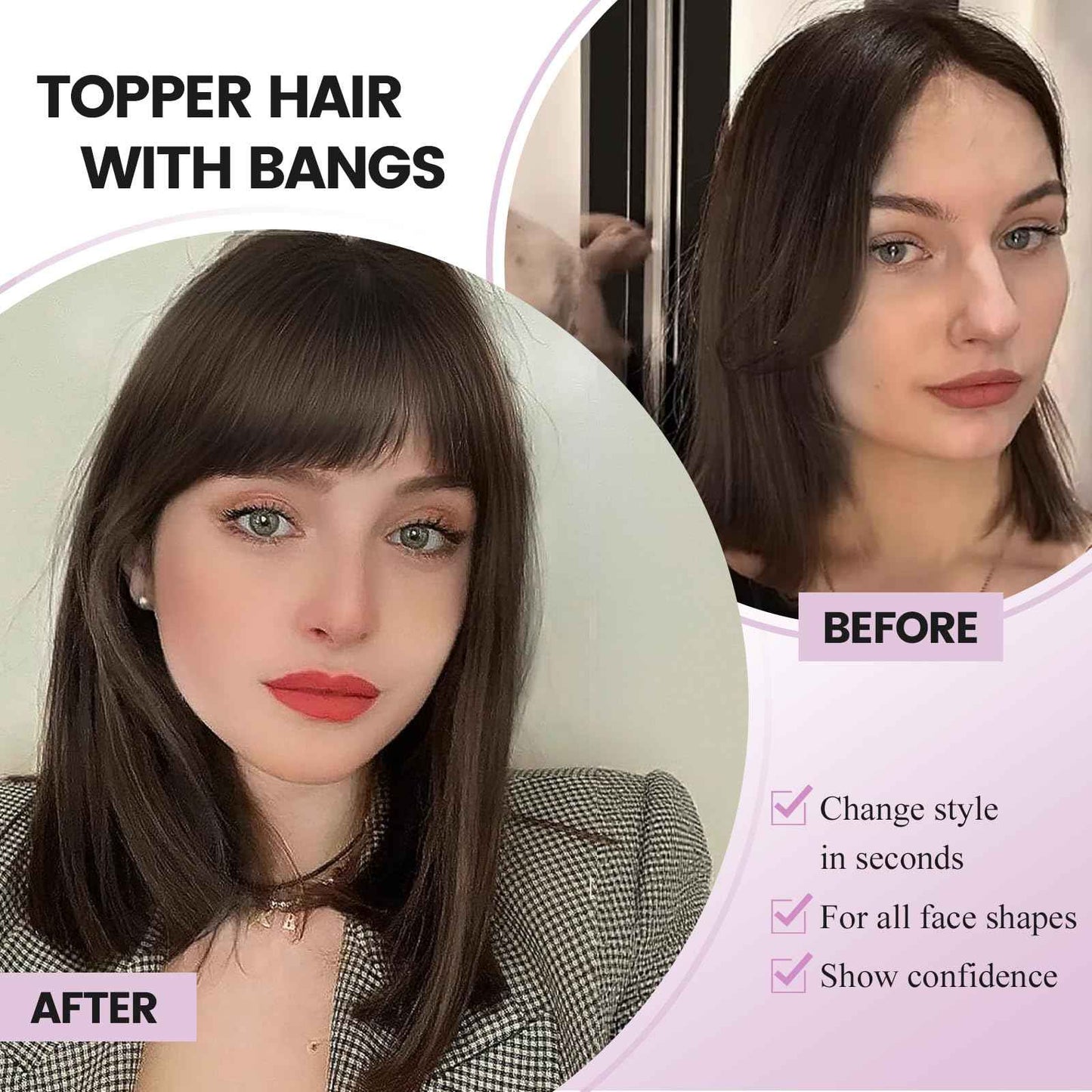 Human Hair Toppers with Bangs Hair Toppers for Women Remy Human Hair Hand-stitched 360°3D Coverage Natural for Thinning HairPieces for Women with Thinning Hair Swiss Base(4T4/27#)