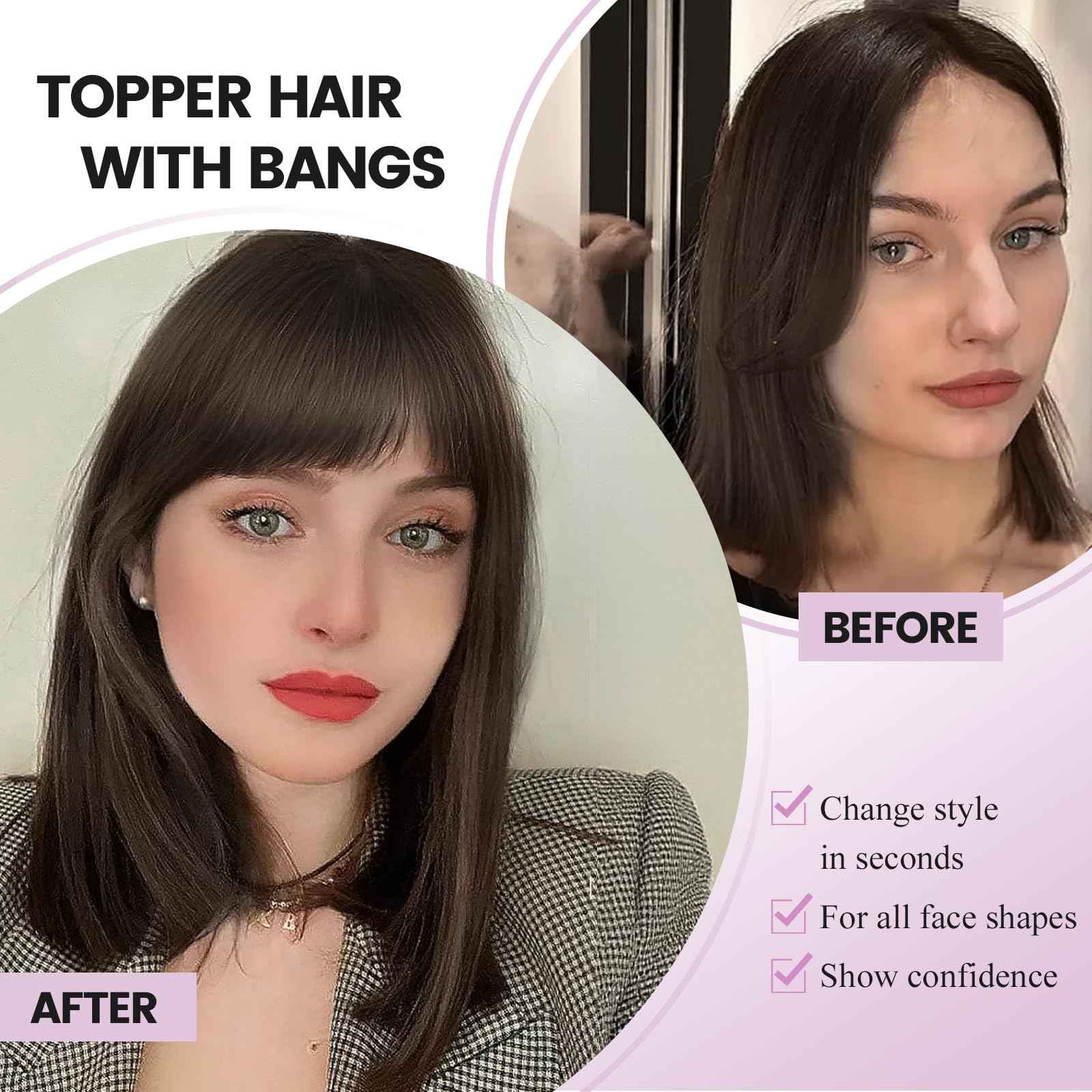 Human Hair Toppers with Bangs Hair Toppers for Women Remy Human Hair Hand-stitched 360°3D Coverage Natural for Thinning HairPieces for Women with Thinning Hair Swiss Base(4T4/27#)