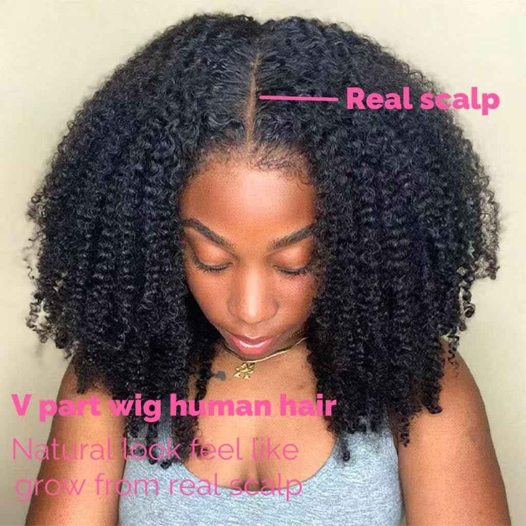 GKOKG V Part wig Human Hair Curly Upgrade U Part Wig For Black woman 100% Human Hair V Shape Cury Glueless Clip In Half Wig Natural Color No Leave Out 180% Density 22inch