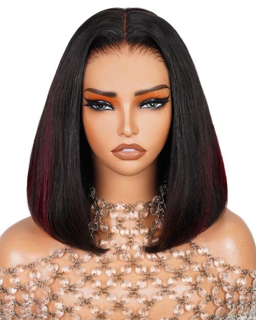 Arabella 12inch 6x6 Bob Wig Human Hair and 4 Pcs 1B/99J Clip in Hair Extensions Ready to Go Glueless Wig Real 210% Density Straight Glueless Bob Wigs Human Hair Pre Cut Lace Pre Bleached Tiny Knots