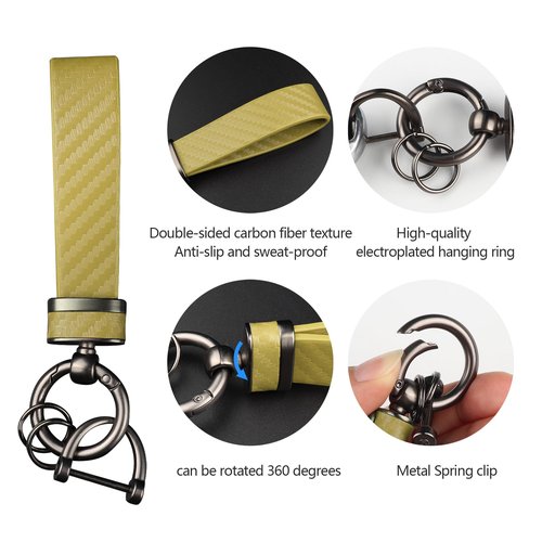Turcee Carbon Fiber Keychain, Automotive Interior Accessories Leather Key Fob, Anti-Lost D-Ring (Gold)
