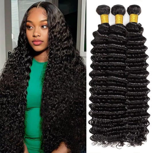 12A Deep Wave Human Hair Bundles 18 20 22 Inch Raw Curly Bundles Human Hair 100% Unprocessed 3 Bundles Brazilian Virgin Human Hair Extensions Quick Weave Natural Black Color