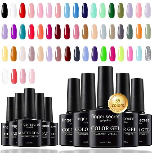 finger secret 55 Color Gel Nail Polish Set, Full Colors Necessary Professional Nail Art DIY Tools, 8ml each Lasting and Durable Soak Off Gel/UV Nail Polish Ideal for Nail Salon or Home DIY
