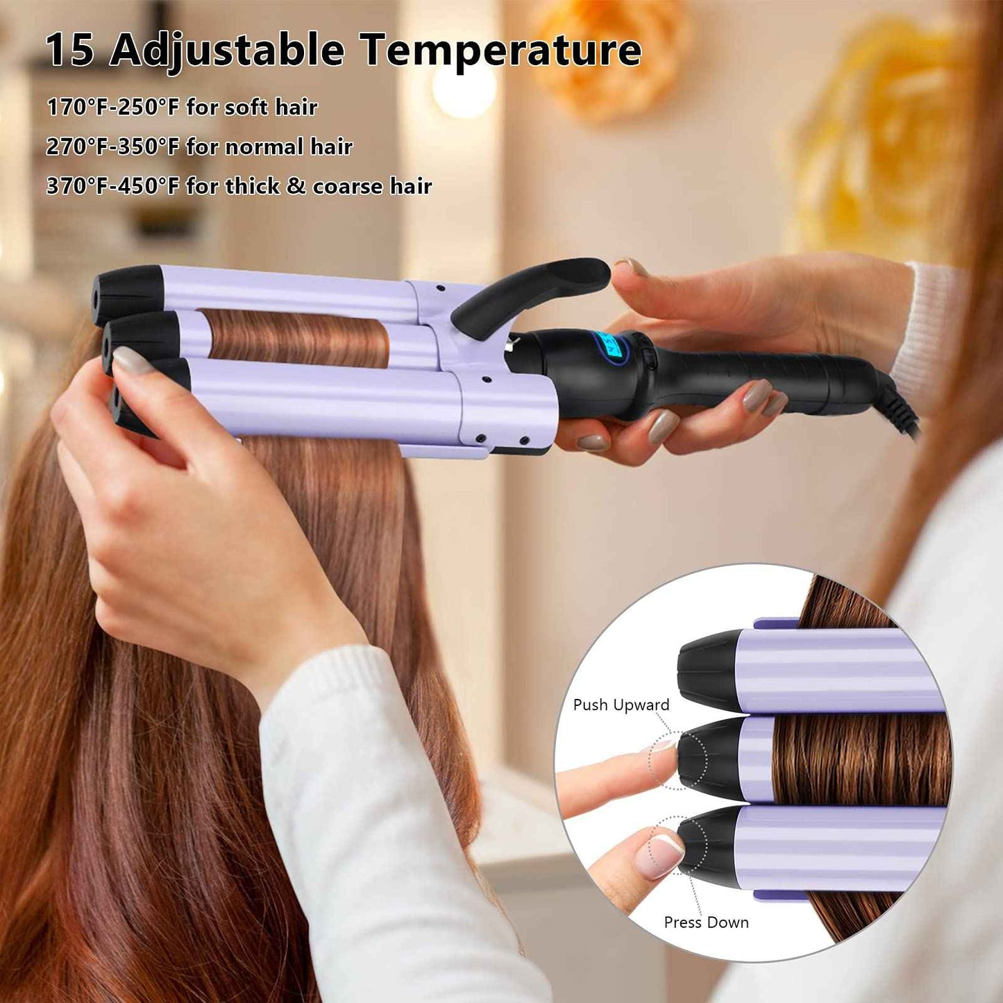 32mm Aima Beauty Big Wave Curling Iron Mermaid Hair Waver 3 Barrel Hair Crimper LCD Display Extra Long Barrel Multiple Temperature Negative Ionic Fast Heat Up (Purple)