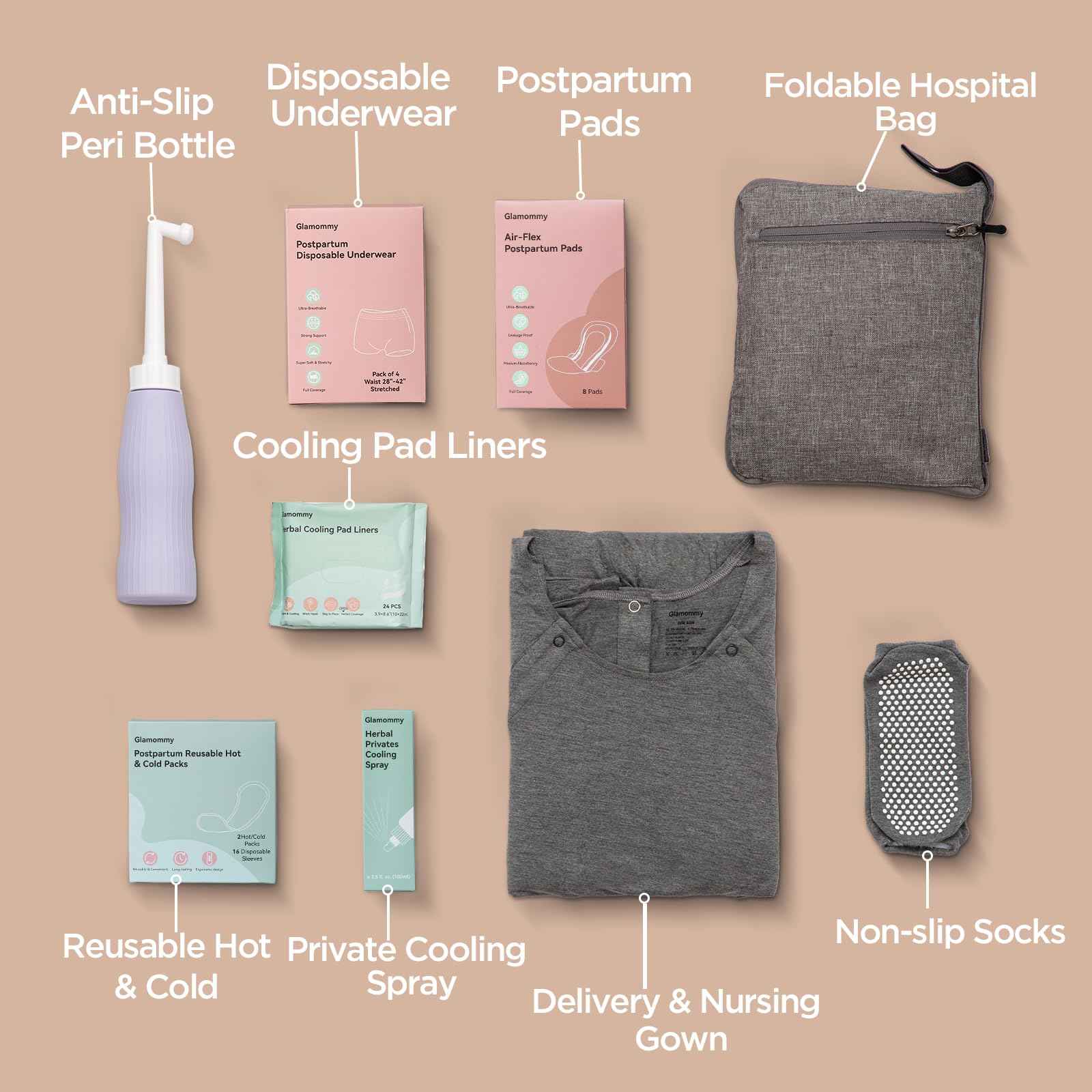 Glamommy Upgraded Postpartum Recovery Essentials Kit for Women, Nursing Gown, Luggage Bags, Socks, Peri Bottle, Cooling Spray, Disposable Underwear, Postpartum Pads, Hot&Cold Packs, Cooling Liners