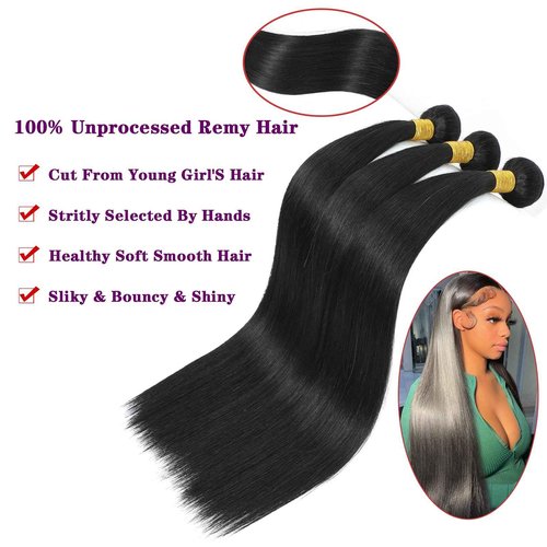 NROOEAY Straight Bundles Human Hair 26 inch 100% Unprocessed Brazilian Straight Hair Bundles 12A Retain the Intact Cuticle, Long Lifespan