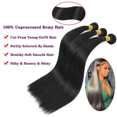 NROOEAY Straight Bundles Human Hair 28 inch 100% Unprocessed Brazilian Straight Hair Bundles 12A Remy Virgin Retain the Intact Cuticle, Long Lifespan