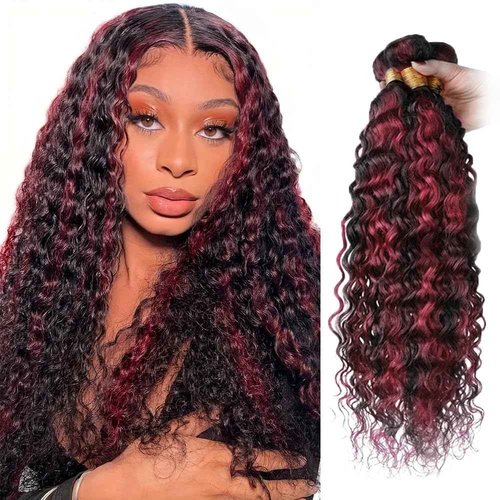 Fabimiya 22 24 26 inch Burgundy P1B/99J Deep Wave Human Hair Bundles Wine Red Human Hair Bundles Unprocessed Burgundy Soft Sewn In Hair with Double Weft for Black Women