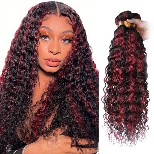 Fabimiya 16 18 20 inch Burgundy P1B/99J Deep Wave Human Hair Bundles Wine Red Human Hair Bundles Unprocessed Burgundy Soft Sewn In Hair with Double Weft for Black Women
